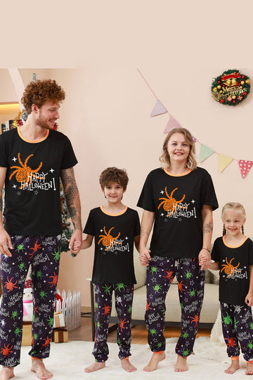 Conjunto de pijama familiar de Halloween con estampado de araña negro y naranja